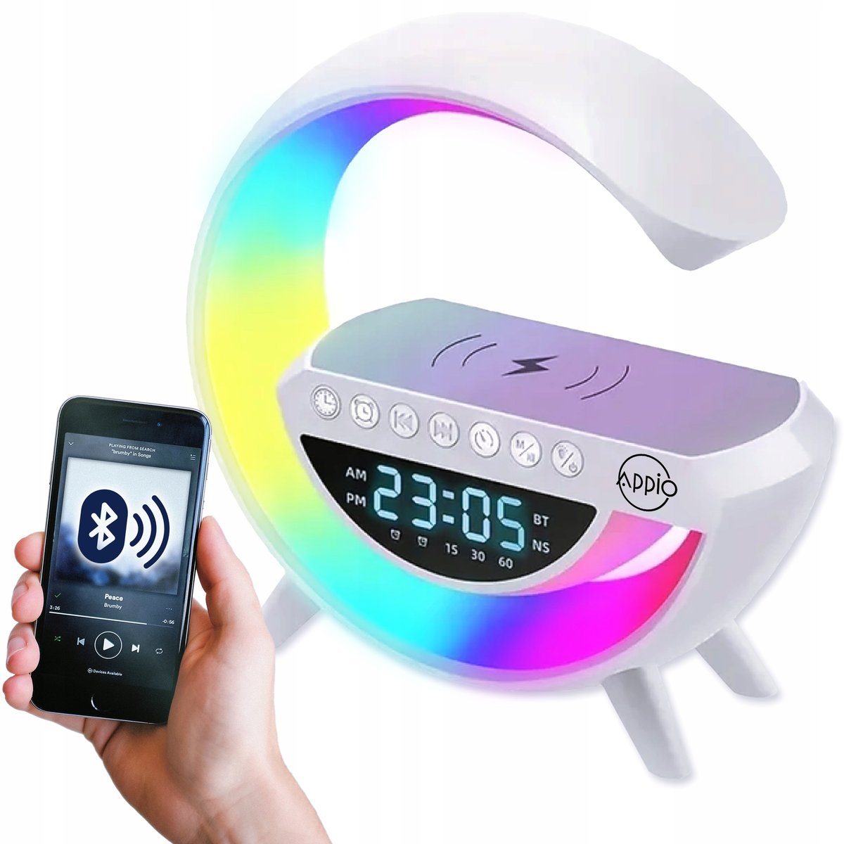 Lampka LED Ładowarka Qi Głośnik Rgb Z Wyświetlaczem Zegar Gaming Radio