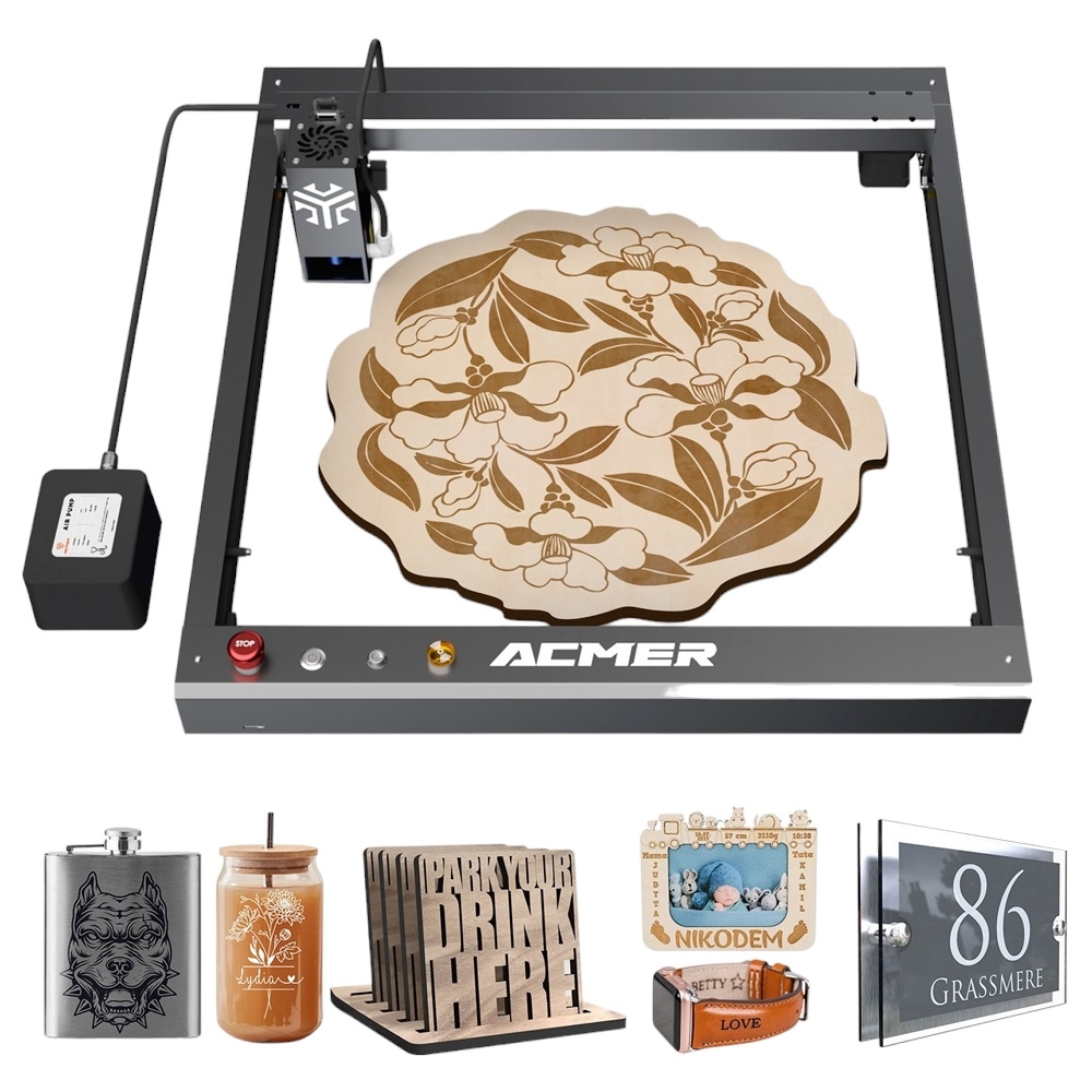 ACMER P2 20W Laser Engraver Cutter, Fixed Focus, Engraving at 30000mm/min, Ultra-silent Auto Air Assist, Pre-Assembled