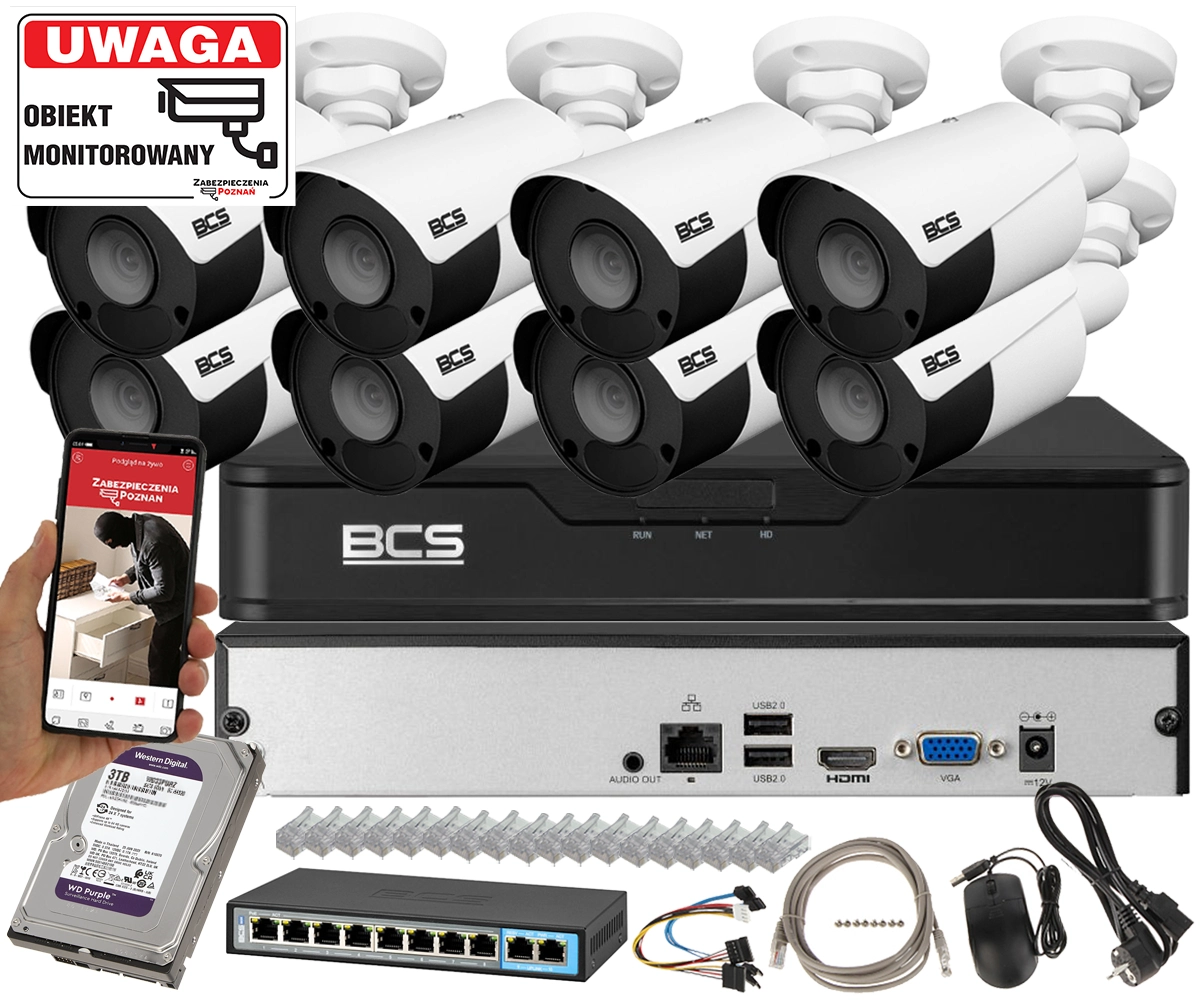 Zestaw monitoringu firmy na 8 kamer IP BCS-P-TIP14FSR5 POINT4MPx Zasięg podczerwieni 50m Mikrofon