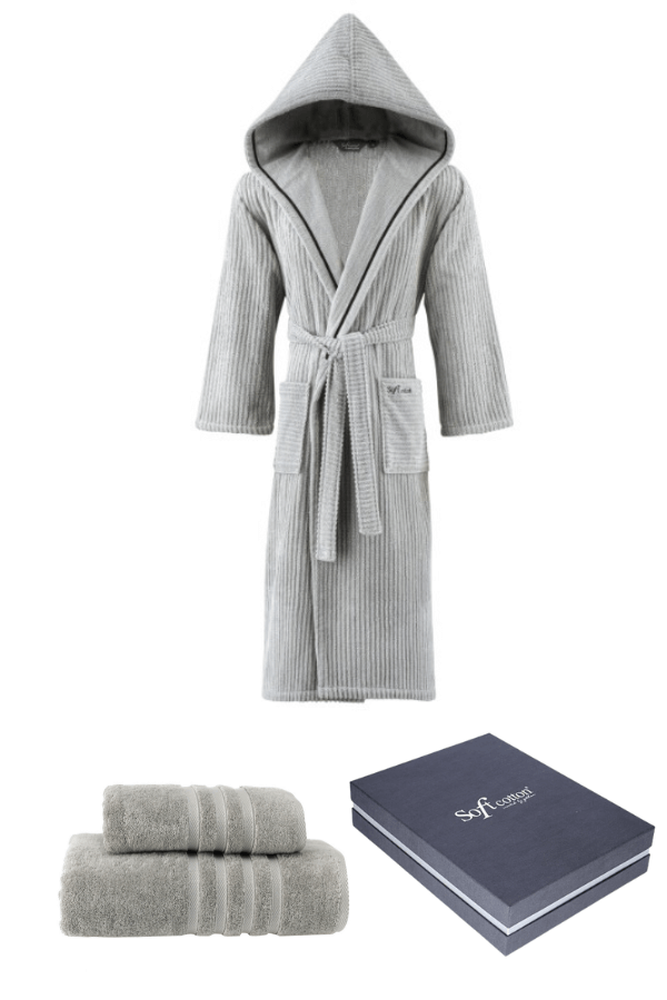 Unisex szlafrok STRIPE + ręczniki + pudełko Szary L + ręczniki + pudełko