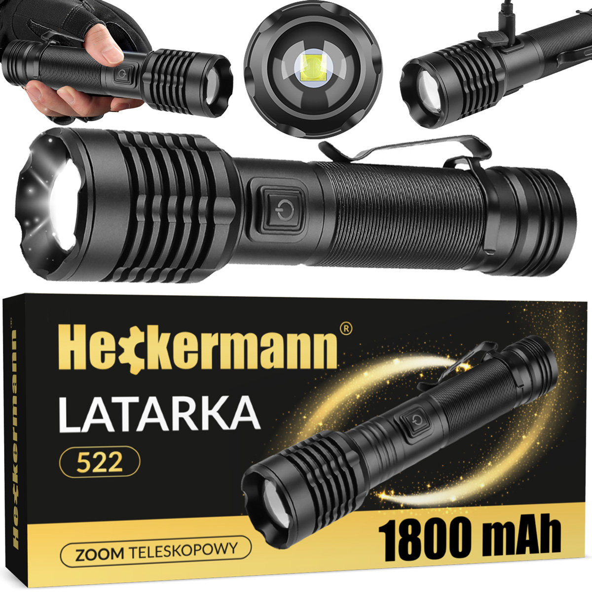 Latarka taktyczna LED Heckermann 522 Turystyczna latarka akumulatorowa / na baterie