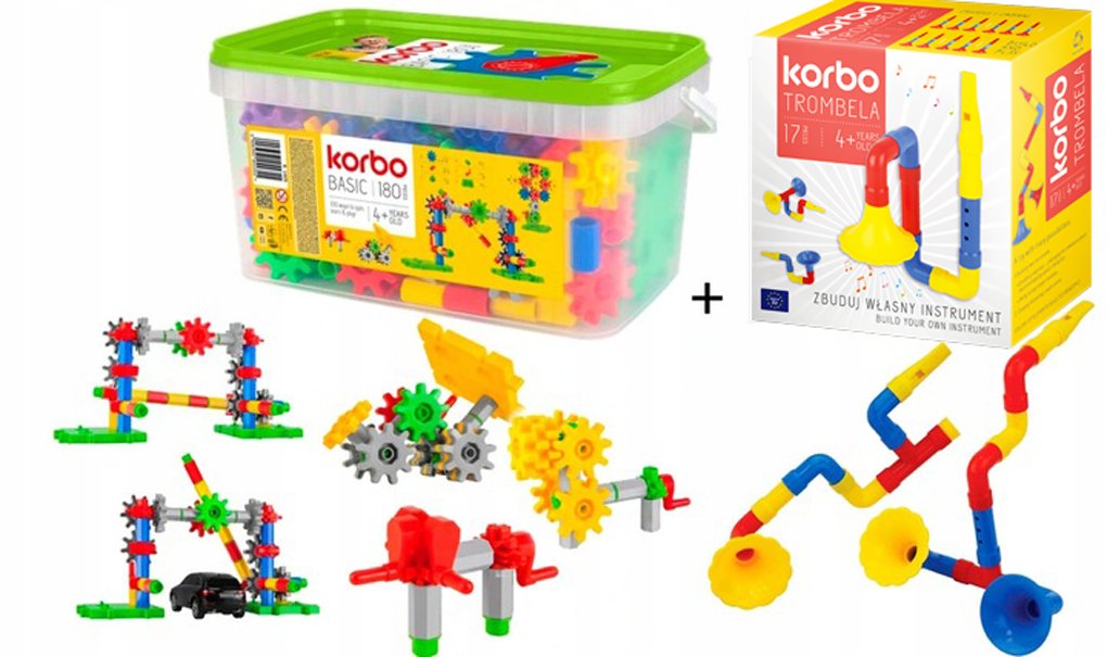KORBO RUCHOME KLOCKI Konstrukcyjne Basic 180 el + Trombele 17 el