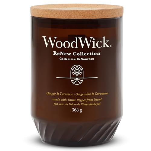 WoodWick ReNew świeca zapachowa z trzeszczącym knotem, duża świeca Cherry Ginger & Turmeric, roślinna mieszanka wosku sojowo-kokosowego, wyprodukowana z materiałów pochodzących z recyklingu