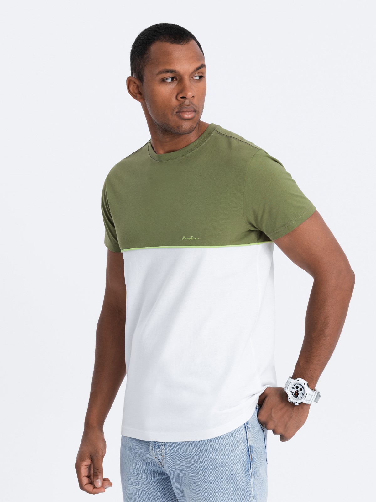 T-shirt męski bawełniany dwukolorowy - oliwkowo-biały V5 S1619