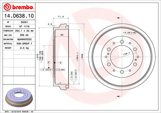 BĘBEN HAMULC. TOYOTA HIACE IV 06- 14.D638.10