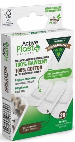ACTIVE PLAST NATURAL BIO Plastry opatrunkowe ze 100% bawełny ZESTAW 10x 2x7cm; 5x 6x2cm; 5x 4x2cm