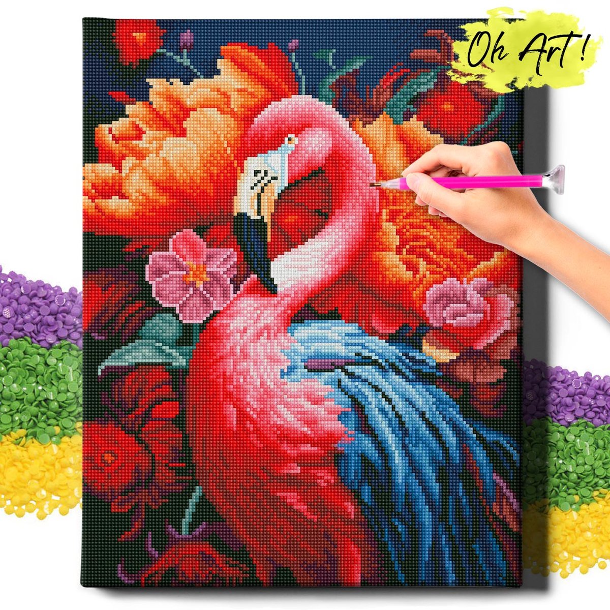 DIAMOND PAINTING 5D z RAMĄ Ptak Haft Diamentowy Duży Różowy flaming Mozaika 40x50 cm