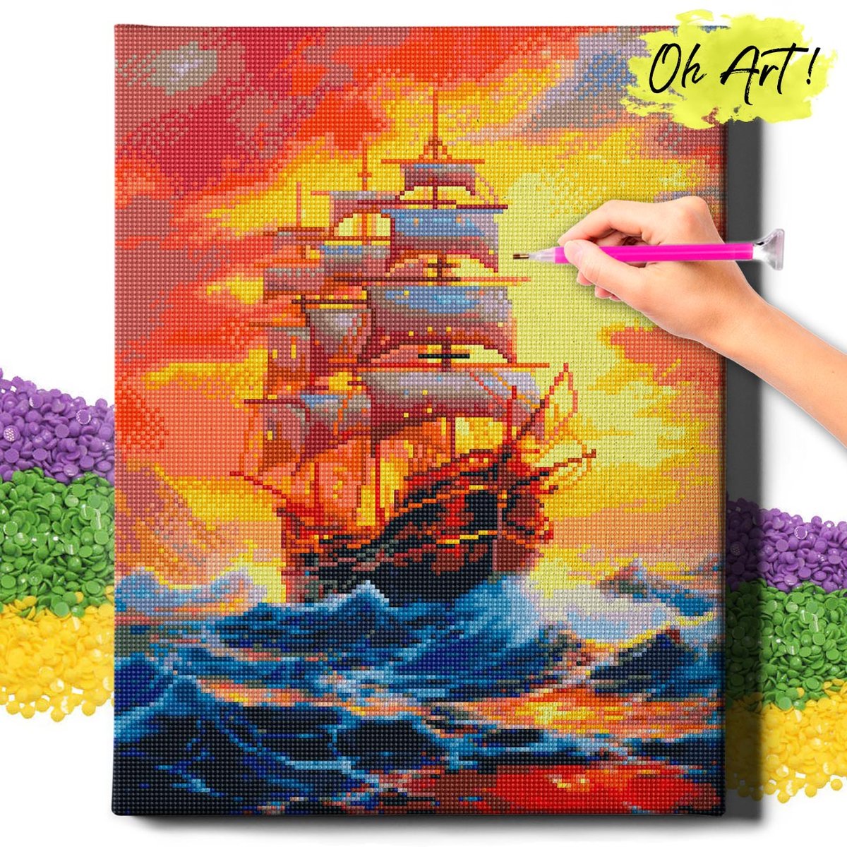 DIAMOND PAINTING 5D z RAMĄ Statek Haft Diamentowy Duży Statek na morzu Mozaika 40x50 cm