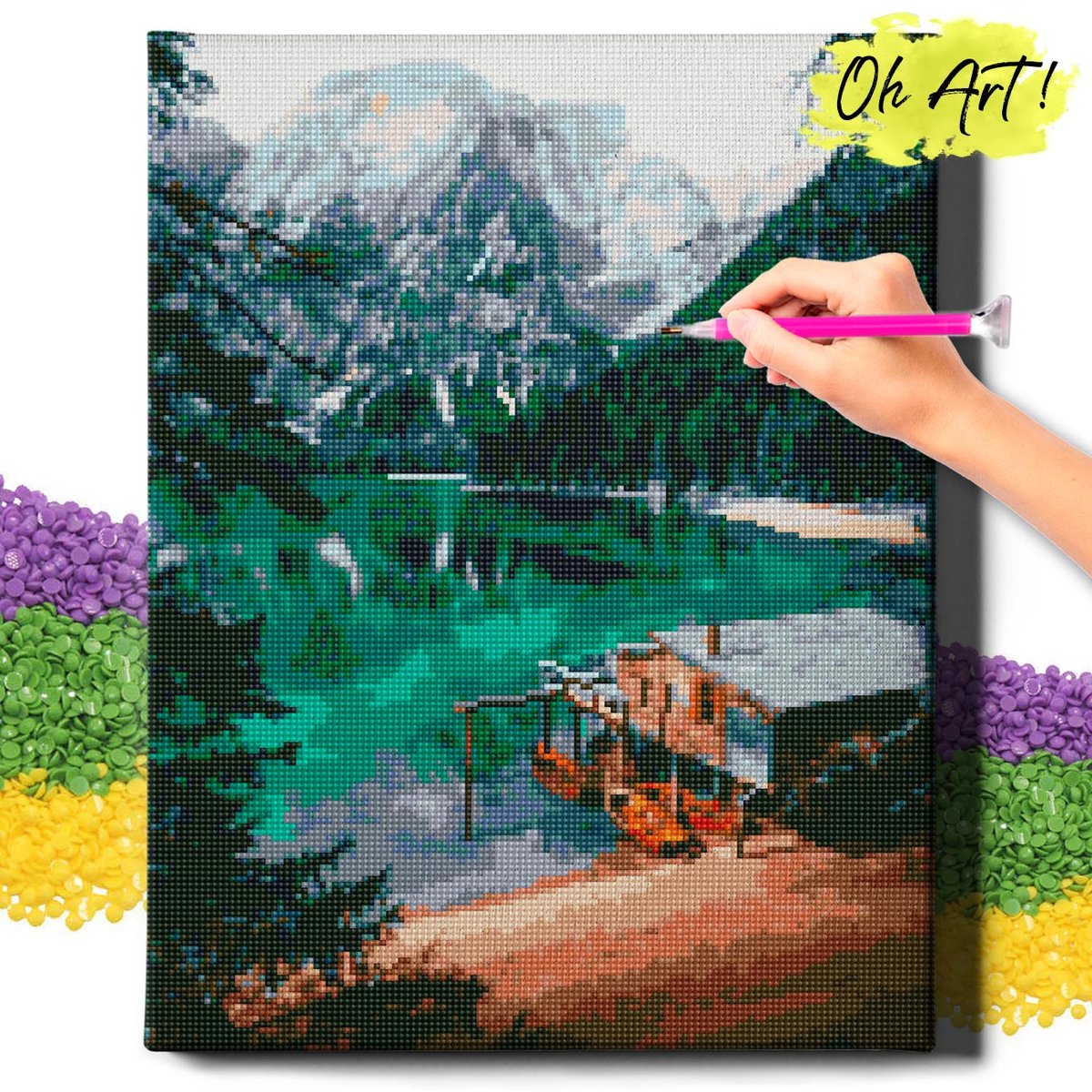 DIAMOND PAINTING 5D z RAMĄ Krajobraz Haft Diamentowy Duży Jezioro Szmaragdowe Mozaika 40x50 cm