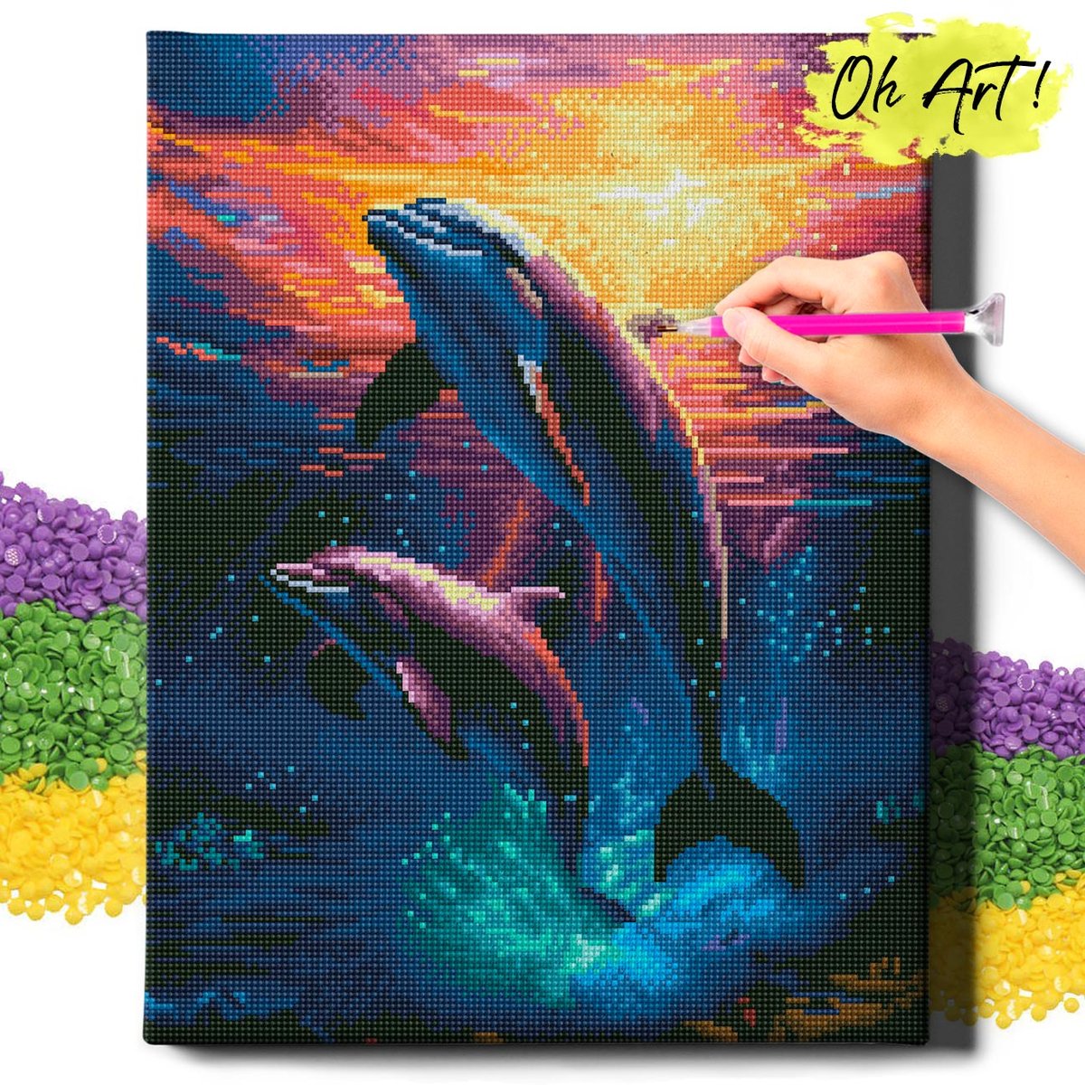 DIAMOND PAINTING 5D z RAMĄ Haft Diamentowy Duży Delfiny Mozaika 40x50 cm