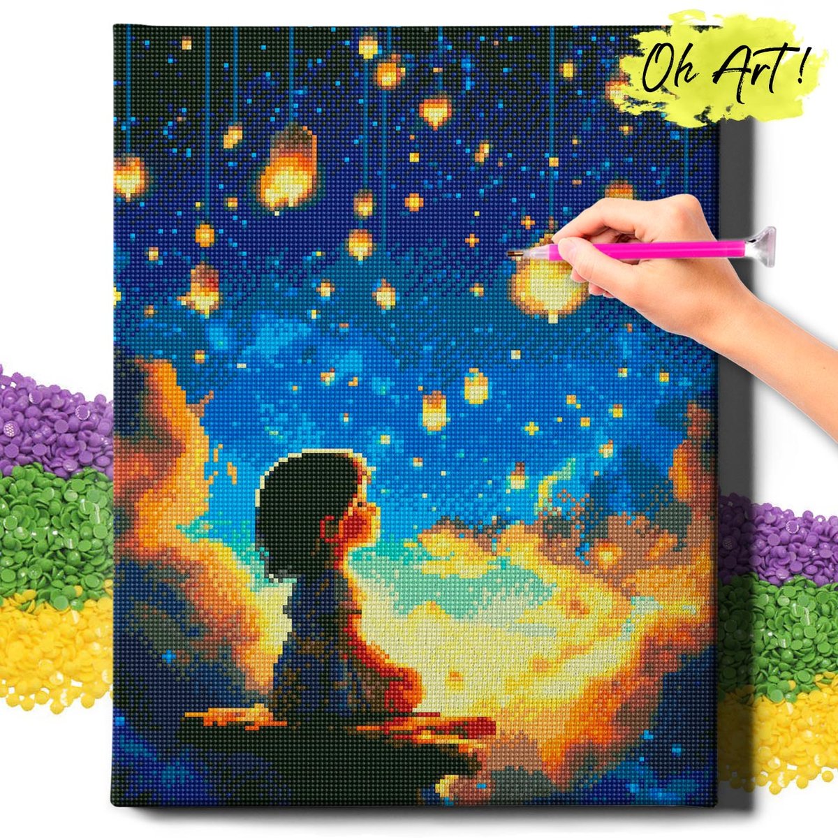 DIAMOND PAINTING 5D z RAMĄ Dla dzieci Haft Diamentowy Duży Dziewczynka i gwiazdy Mozaika 40x50 cm