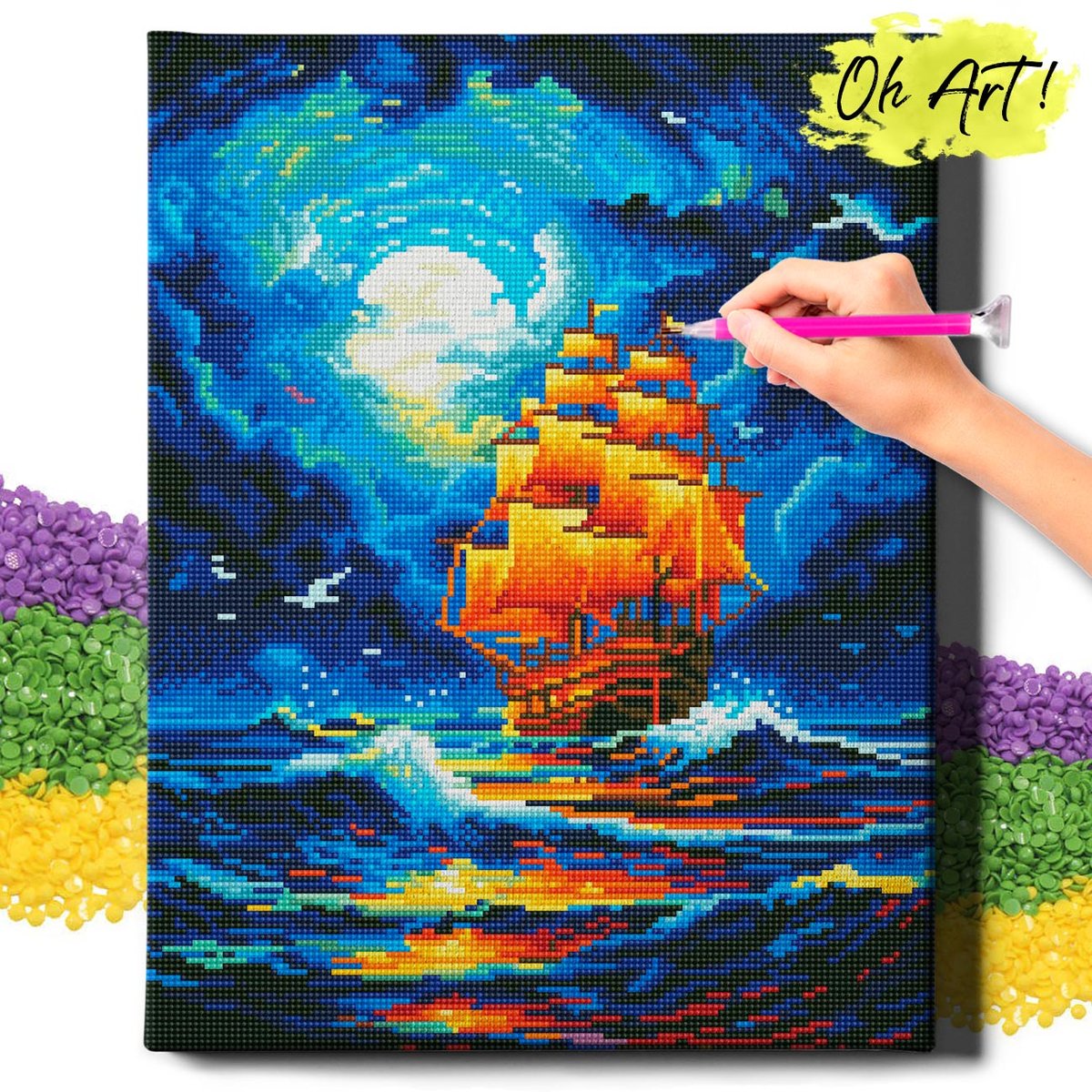 DIAMOND PAINTING 5D z RAMĄ Statek Haft Diamentowy Duży Statek i księżyc Mozaika 40x50 cm