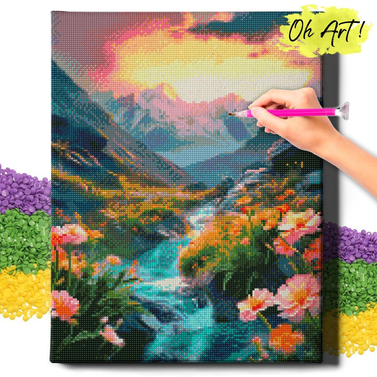 DIAMOND PAINTING 5D z RAMĄ Krajobraz Haft Diamentowy Duży Górskie źródło Mozaika 40x50 cm