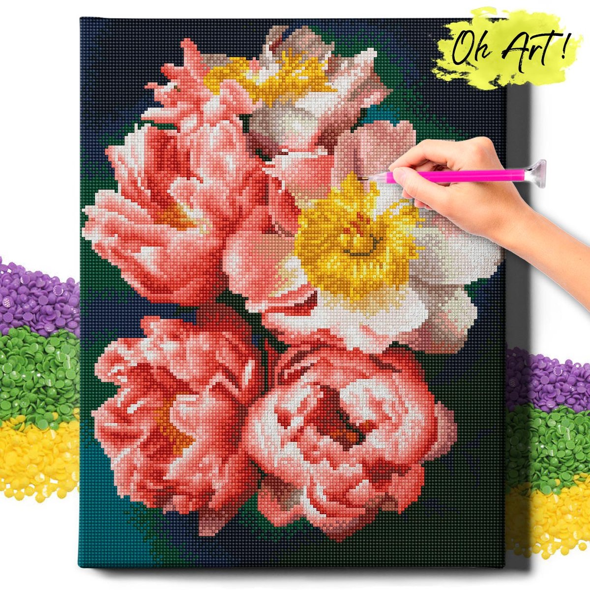 DIAMOND PAINTING 5D z RAMĄ Kwiaty Haft Diamentowy Duży Różowe piwonie Mozaika 40x50 cm