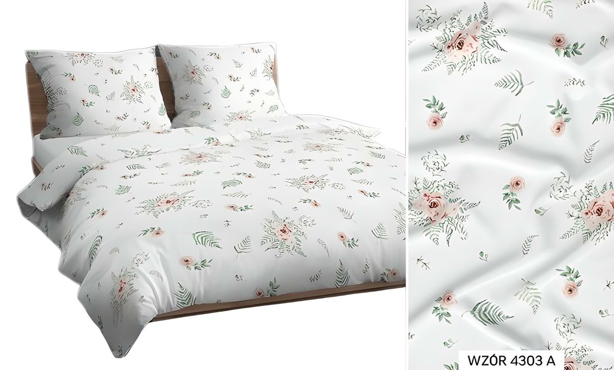 Pościel 140x200 biała zielona morelowa liście kwiatki 4303 A bawełna Max