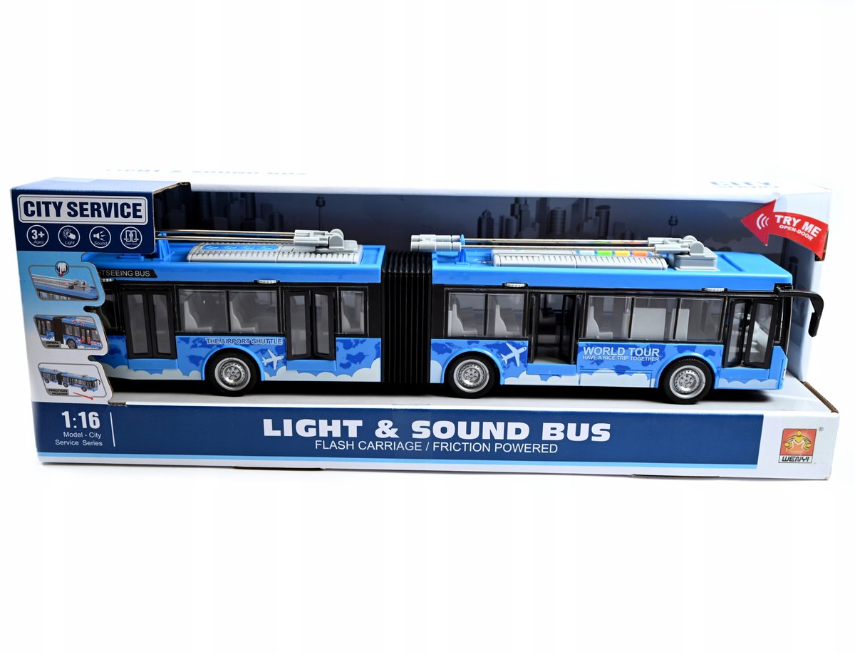 Duży Autobus Przegubowy Niebieski Trolejbus Światło Dźwięk 45Cm