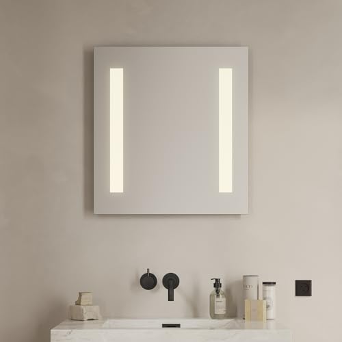 Loevschall Godhavn kwadratowe lustro łazienkowe z oświetleniem LED, z przełącznikiem dotykowym, 60 x 65 cm, regulowane lustro łazienkowe z oświetleniem LED