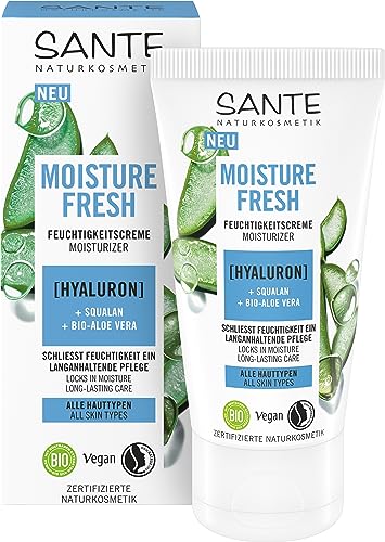 SANTE Naturkosmetik Moisture Fresh krem nawilżający z kwasem hialuronowym, skwalanem i bioaloesem, odżywcza pielęgnacja twarzy, krem do twarzy do intensywnej pielęgnacji i gładkiej skóry, 50 ml