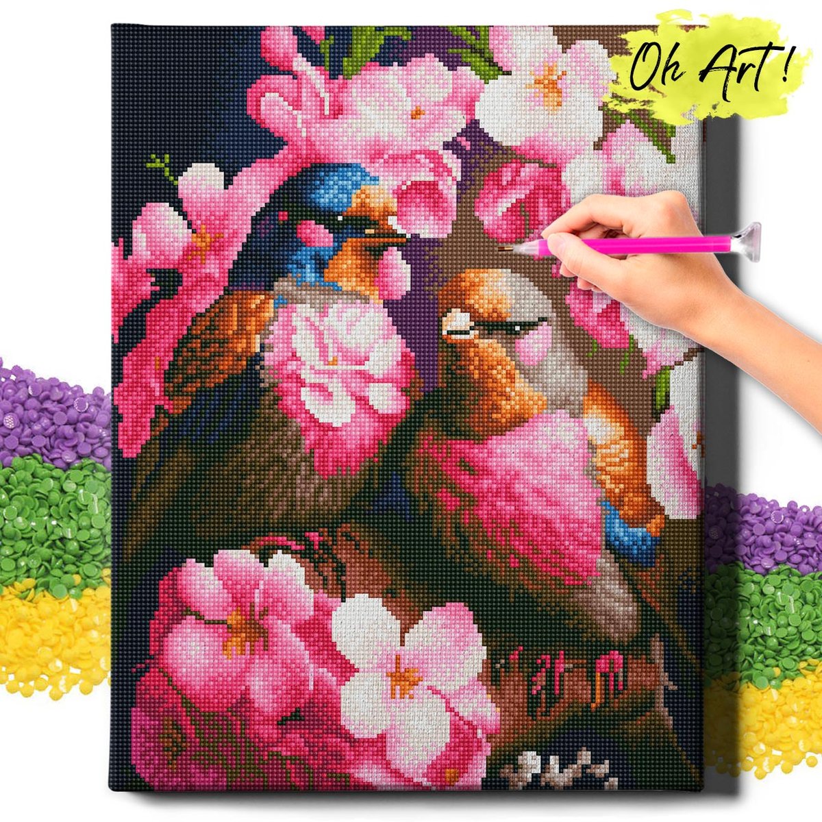 DIAMOND PAINTING 5D z RAMĄ Ptaki Haft Diamentowy Duży Różowe ptaki Mozaika 40x50 cm