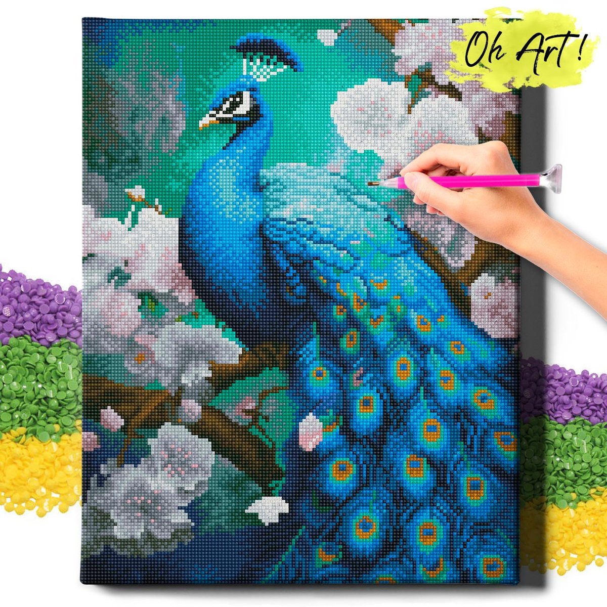 DIAMOND PAINTING 5D z RAMĄ Paw Haft Diamentowy Duży Niebieski paw Mozaika 40x50 cm