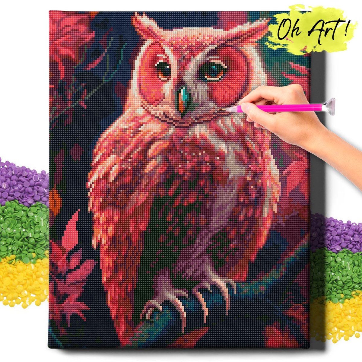 DIAMOND PAINTING 5D z RAMĄ Sowa Haft Diamentowy Duży Różowa sowa Mozaika 40x50 cm