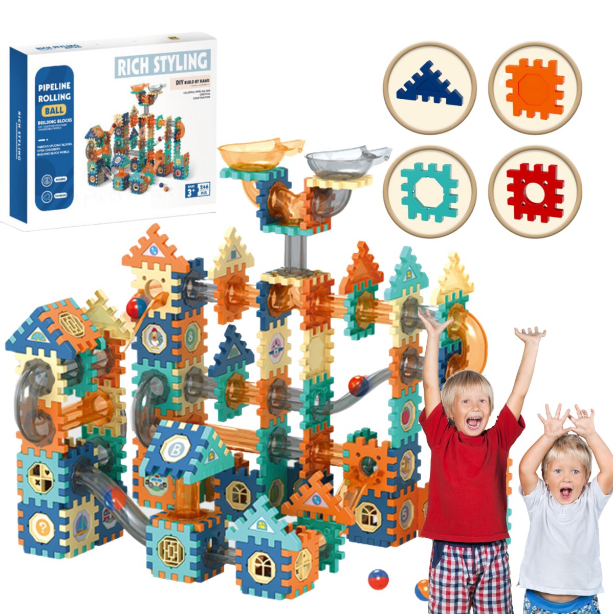 Klocki Konstrukcyjne Tor Kulkowy 246El Duży Zestaw Montessori Edukacyjne