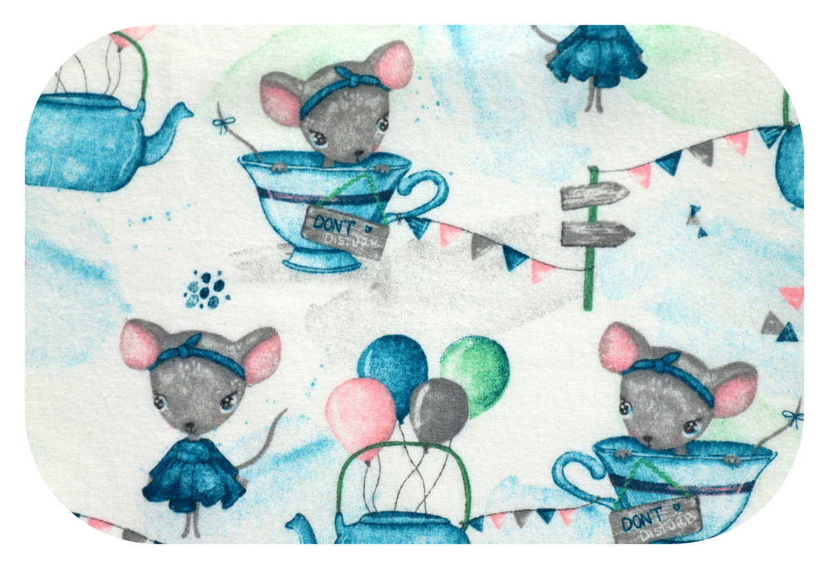 Pielucha flanelowa 75x75 biała niebieska różowa myszki w filiżance