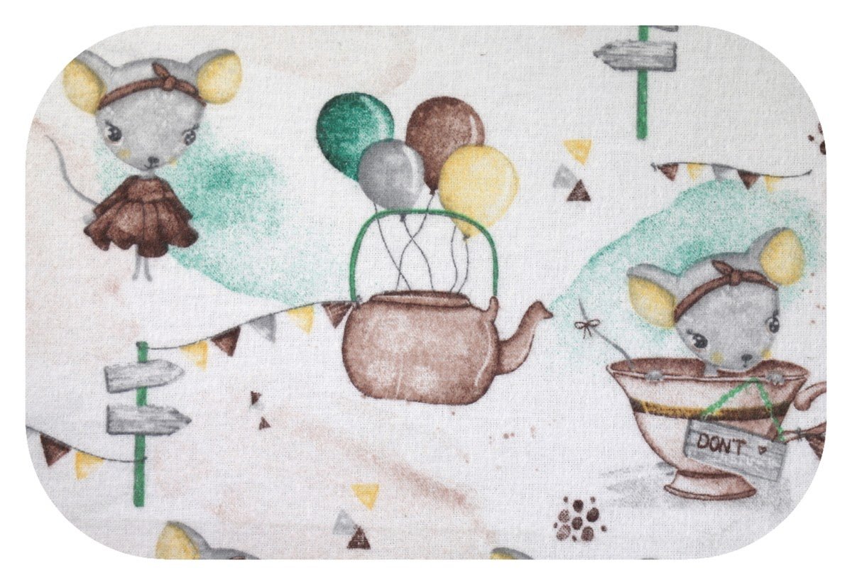 Pielucha flanelowa 75x75 biała brązowa żółta szara myszki w filiżance