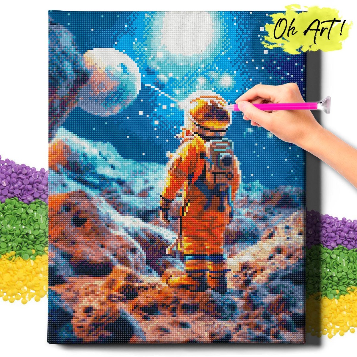 DIAMOND PAINTING 5D z RAMĄ Kosmos Haft Diamentowy Duży Kosmonauta Mozaika 40x50 cm