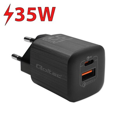 Qoltec Ładowarka sieciowa GaN Ultra | 35W | USB-C PD & QC 3.0 | Czarna