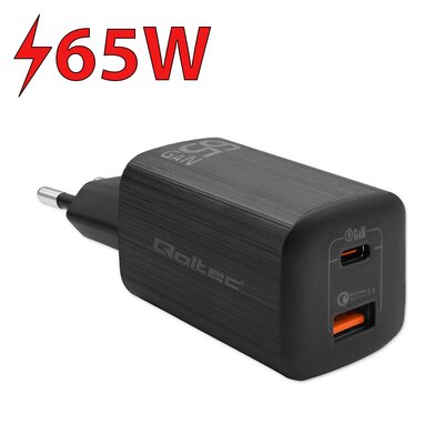 Qoltec Ładowarka sieciowa 65W GaN ULTRA | USB-C PD | USB QC | Czarna