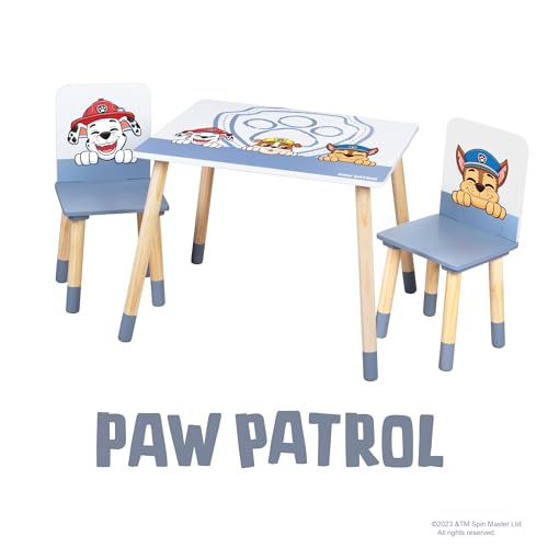 roba Zestaw do siedzenia dla dzieci Psi Patrol – 2 krzesła dziecięce i 1 stół dla dzieci – zestaw do siedzenia/meble do siedzenia z kreskówką psy – drewno białe – od 18 miesięcy