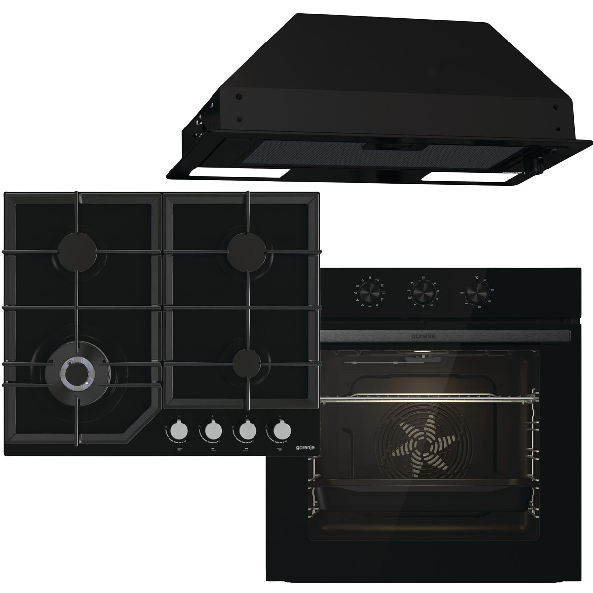 Zestaw AGD do zabudowy Gorenje Piekarnik BO6725E02BG + Płyta gazowa GTW641KB + Okap BHI681EB
