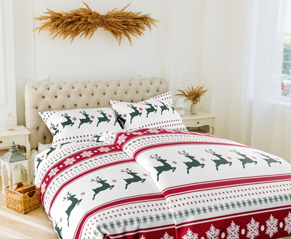 Pościel flanelowa 220x200 renifery śnieżynki pasy biała czerwona zielona świąteczna Xmass