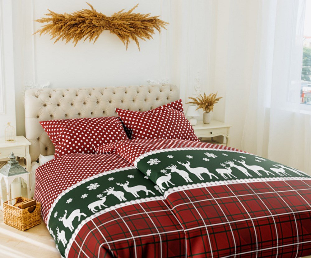 Pościel flanelowa 220x200 renifery kratka groszki czerwona zielona świąteczna Xmass