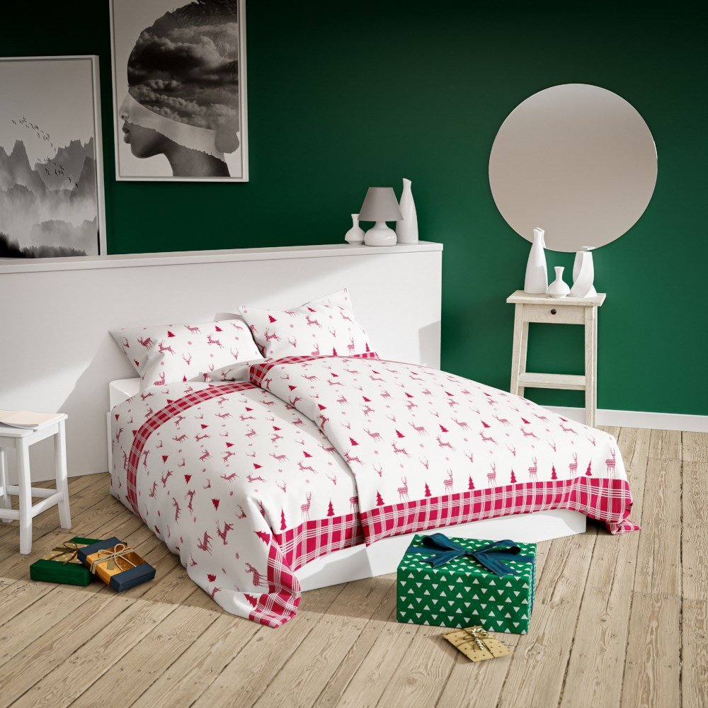 Pościel świąteczna 160x200 renifery choinki śnieżynki biała czerwona Xmass