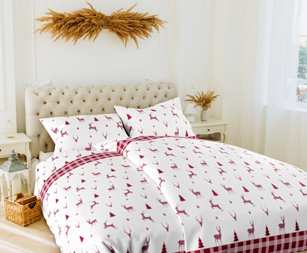 Pościel flanelowa 220x200 renifery choinki śnieżynki biała czerwona świąteczna Xmass