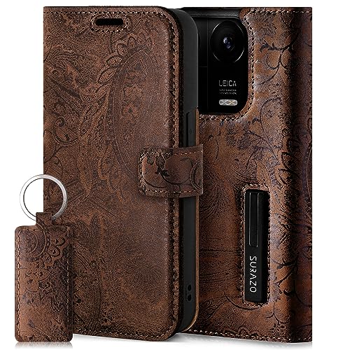 SURAZO Etui na telefon komórkowy premium do Xiaomi 13 Pro 5G – składane etui ochronne z prawdziwej skóry [magnes, kieszeń na karty, ochrona RFID, kwiatowy wzór] etui z klapką, skórzane etui (brązowe)