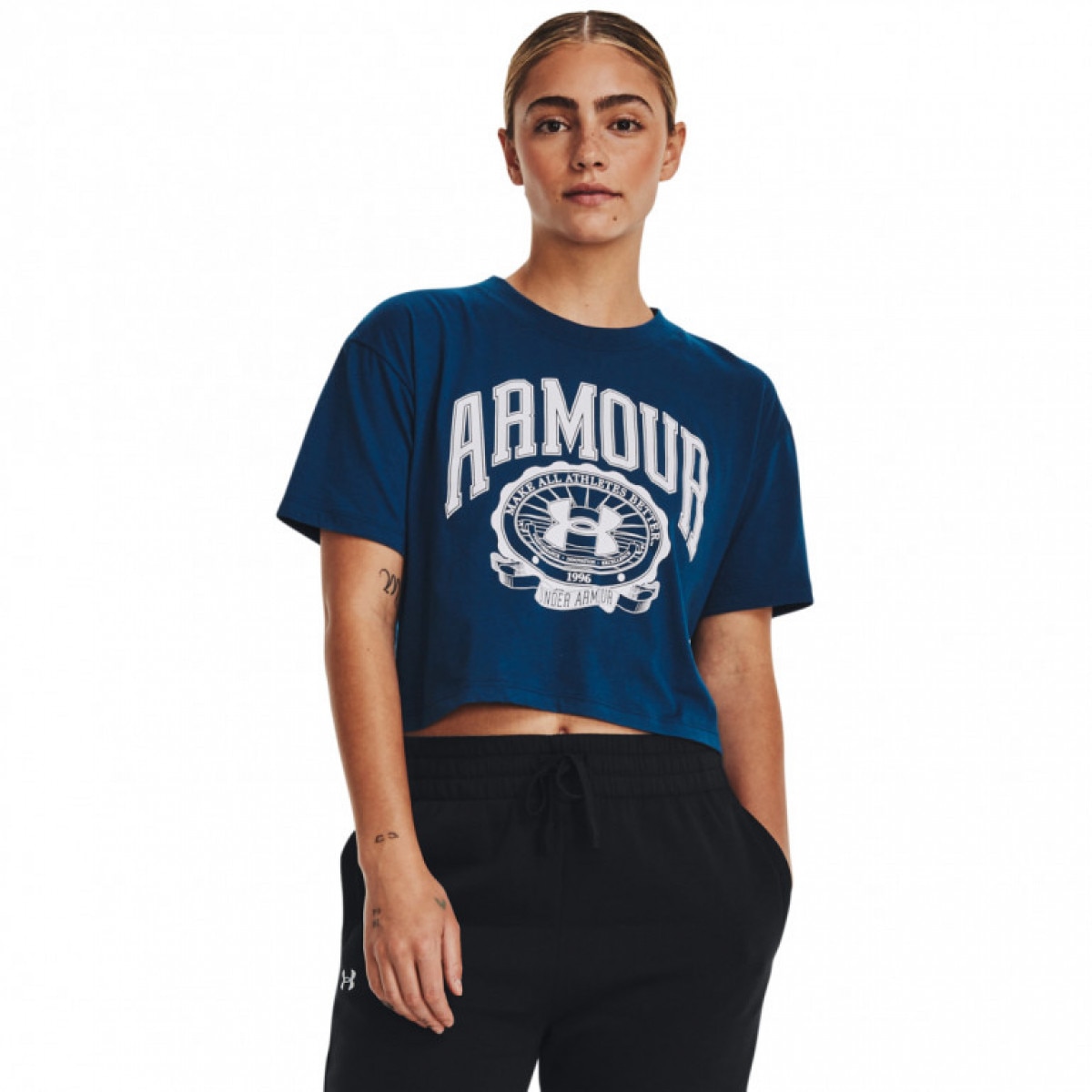 Damski t-shirt z nadrukiem Under Armour UA Collegiate Crest Crop SS - granatowa - UNDER ARMOUR