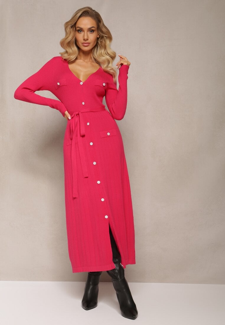Fuksjowa Sweterkowa Sukienka Maxi na Guziki z Wiązanym Paskiem Onykis