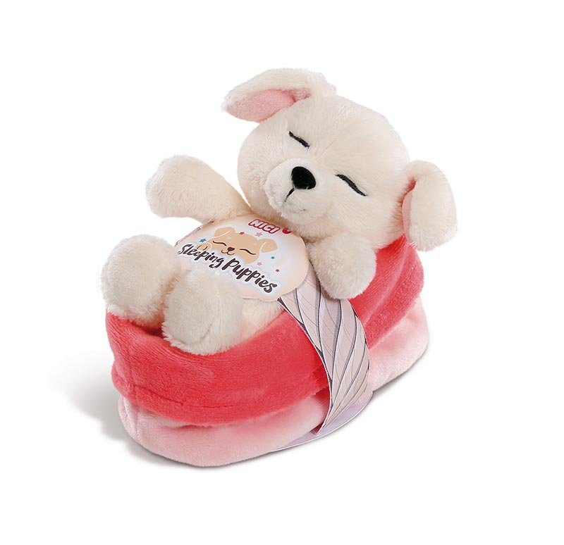 Nici, Maskotka Sleeping Puppies piesek 12 cm kremowy w czerwono-różowym koszyku 48110