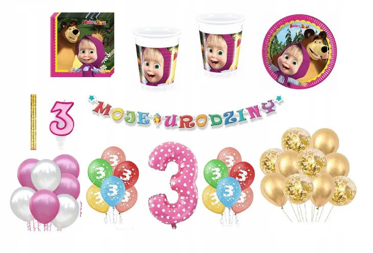 Zestaw Urodzinowy Masza 3 Urodziny Balony Kubki Talerzyki Świeczka Cyfra