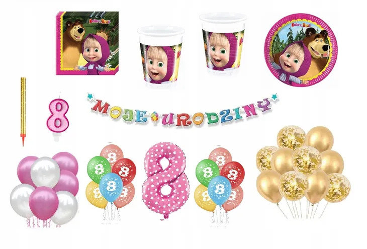 Zestaw Urodzinowy Masza 8 Urodziny Balony Kubki Talerzyki Świeczka Cyfra