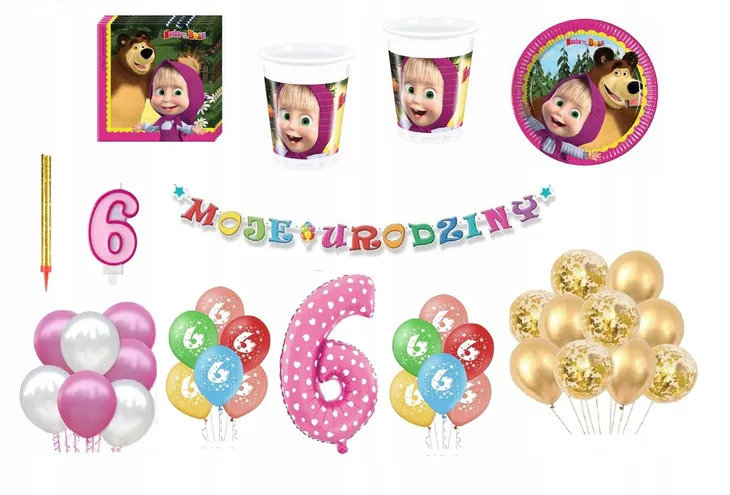 Zestaw Urodzinowy Masza 6 Urodziny Balony Kubki Talerzyki Świeczka Cyfra