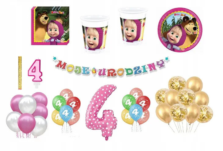 Zestaw Urodzinowy Masza 4 Urodziny Balony Kubki Talerzyki Świeczka Cyfra