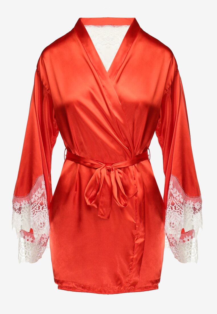 Czerwony Satynowy Szlafrok z Koronką i Wiązanym Paskiem Pascalle