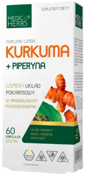 Medica Herbs, Kurkuma + piperyna, 600 mg 2,1mg, 60 kaps.