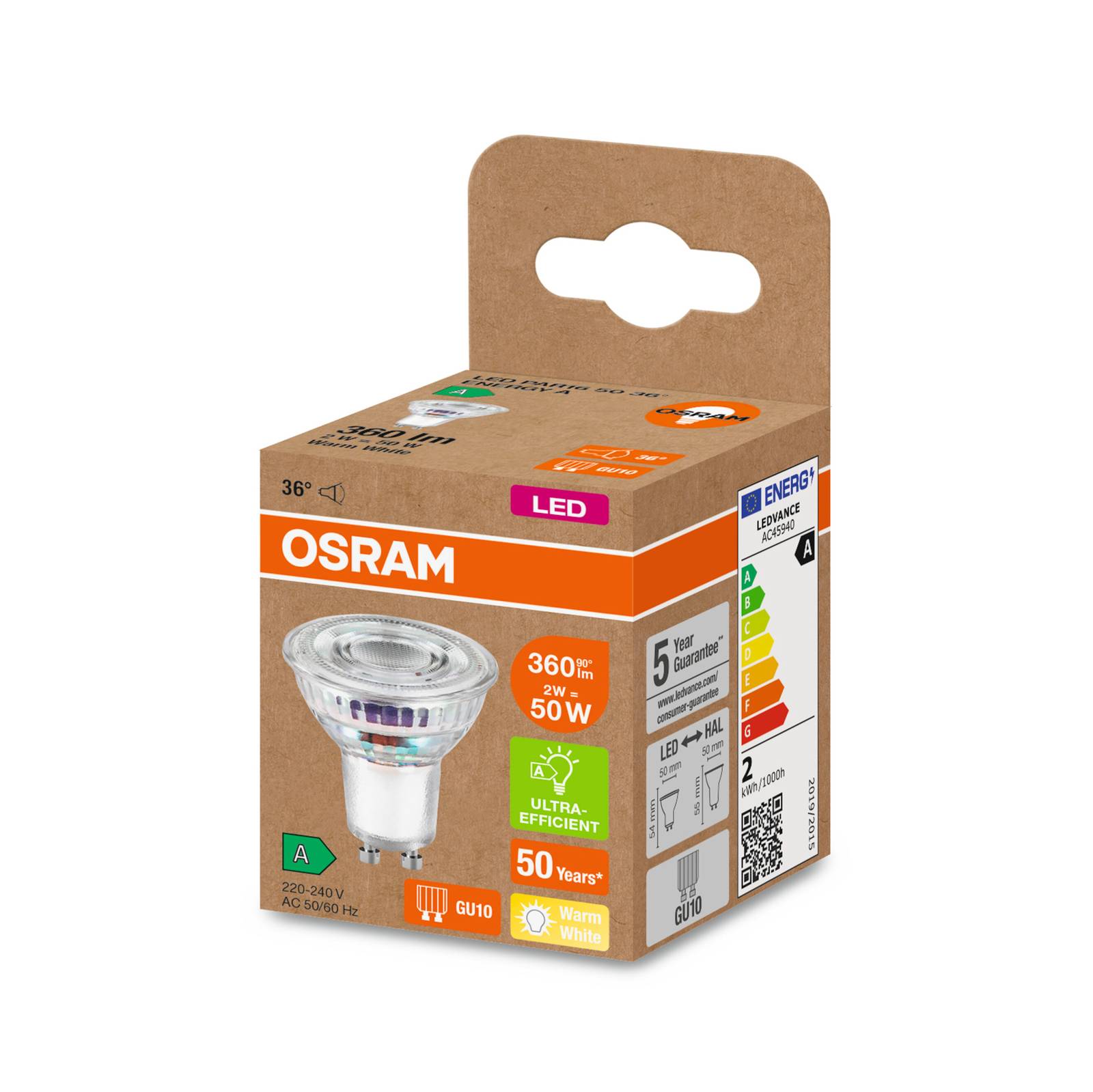 OSRAM reflektor LED GU10 PAR16 2W 360lm 827 36°