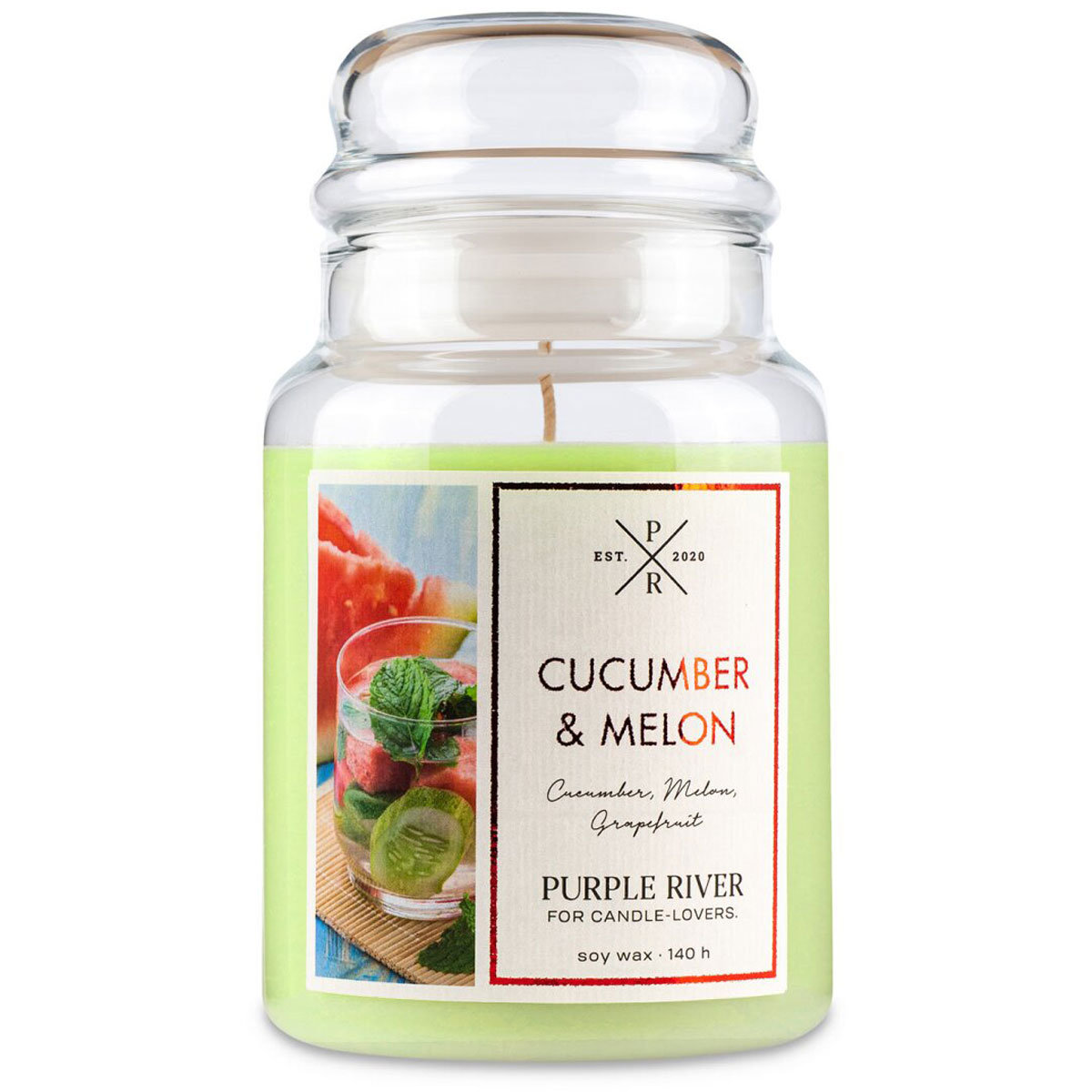 Świeca zapachowa sojowa w szkle duża Purple River 623 g Ogórek Melon Cucumber Melon