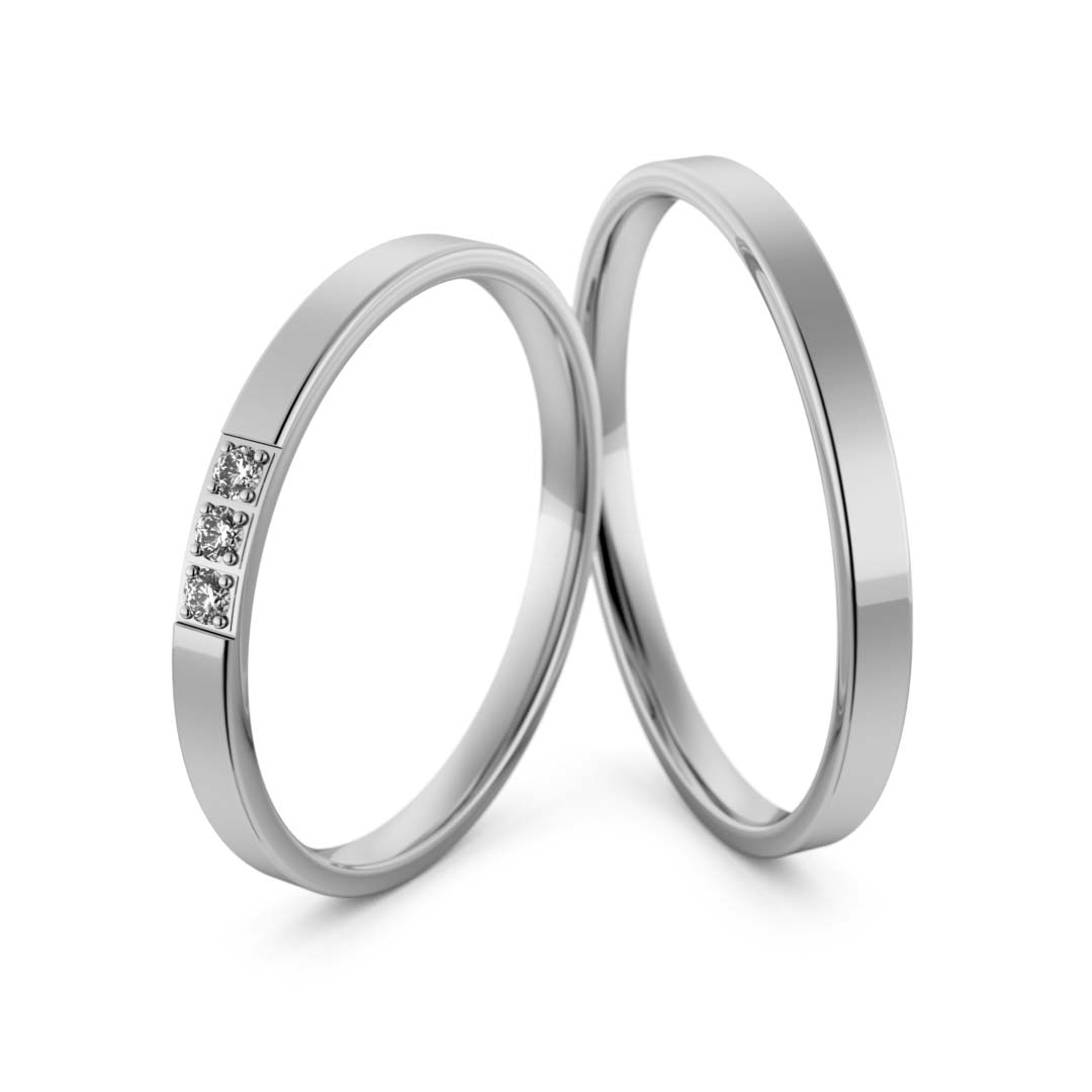 Obrączki ślubne klasyczne płaskie z białego złota z brylantami 2 mm